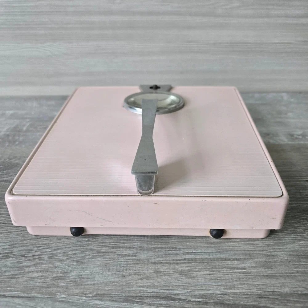 Vintage Hanson Pink Bath Scale MCM Pastel Kitsch Atomic Era Chrome Analog